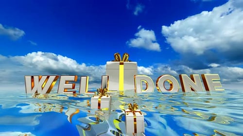 3D Animation of 'Well Done' Text and Gift Boxes on Water