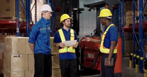 team of diverse warehouse staff including african american caucasian male supervisors discussing