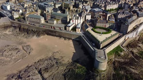 Aerial 4K Drone footage over Saint Malo, Brittany, France. Video captures the city within the castle