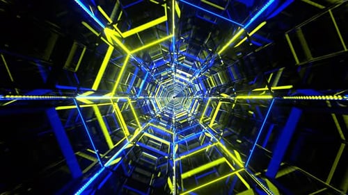 Blue And Yellow Octagonal Neon Tunnel Background VJ Loop l 4K