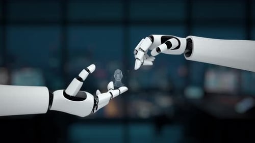 Futuristische Roboterhände interagieren mit digitaler Gehirnschnittstelle in einer High-Tech-Umgebung, Präsentation