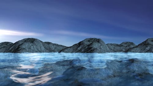 3D Render of a Night Ocean with a Mountain Island in the Background