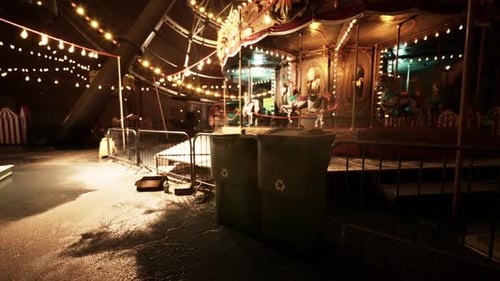 Empty Amusement Park at Night with Illuminated Carousel and Trash Bins
