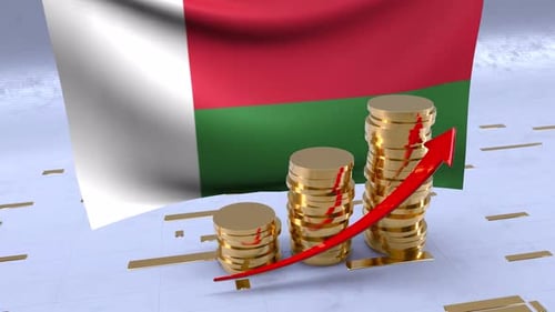 Madagascar Flag With Gold Coins Tower And Up Arrow