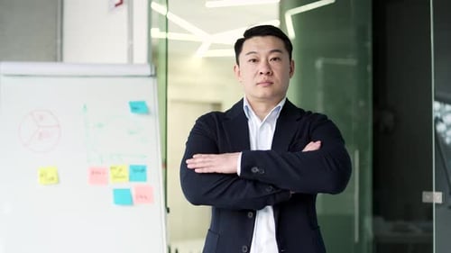 Portrait of a serious asian businessman standing at workplace in business office. Confident mature