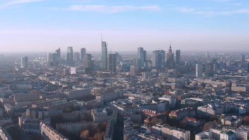 Flying into Warsaw european capital city center skyscrapers cityscape view