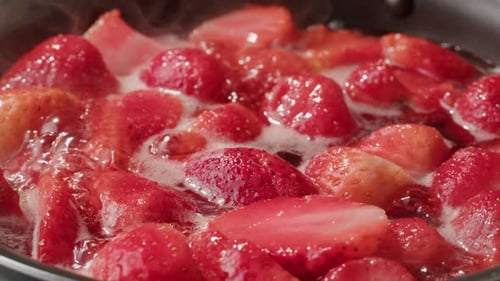 Juicy Strawberries Simmering in Pan, Making Jam