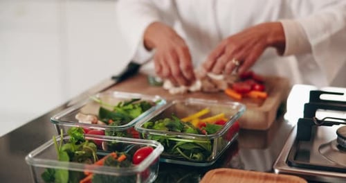 Hands, lunch box and packing vegetables for cooking, meal prep or vegan salad for nutrition