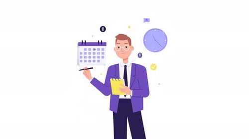 Анимация персонажей бизнесмена. Календарь и часы, концепция планирования расписания