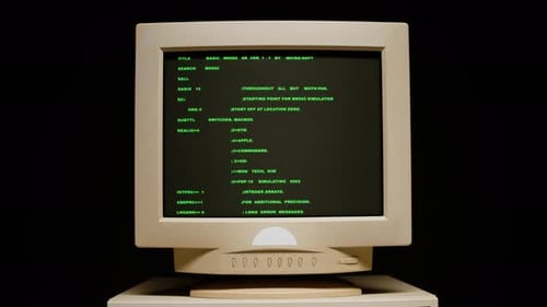 Retro Pc with Loading Code Console Programmer Making Scripts Green Basic Screen Old Computer Studio