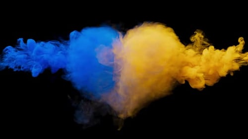 3D animation of blue and yellow smoke turning into a heart shape. Alpha Channel