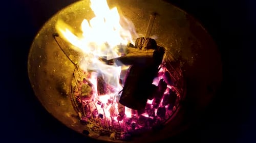 Wood campfire burning, slow zoom in shot