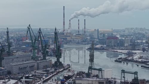 Aerial view of cranes and industrial area, Poland.
