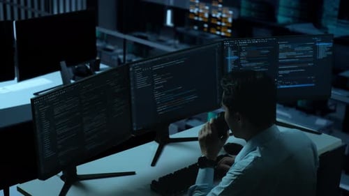 Asiatischer Mann trinkt Kaffee und benutzt Computer, um Code mit mehreren Bildschirmen im Büro zu schreiben