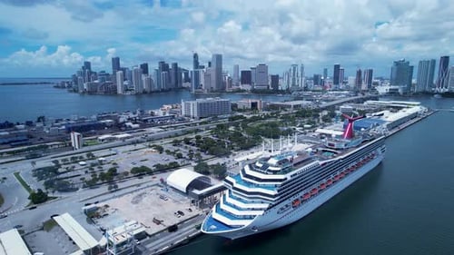 Cityscape Miami Florida United States. Cruise ship at Port of Miami.