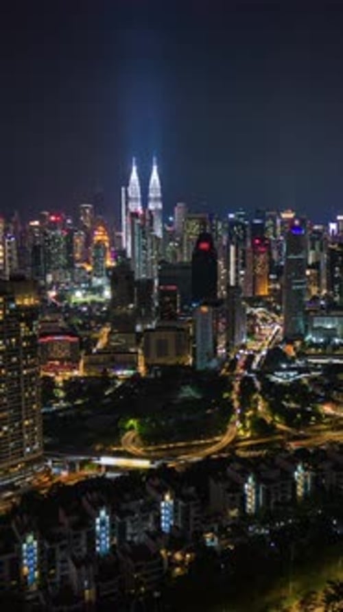 Aerial Timelapse of Kuala Lumpur City Skyline and Traffic at Night Malaysia