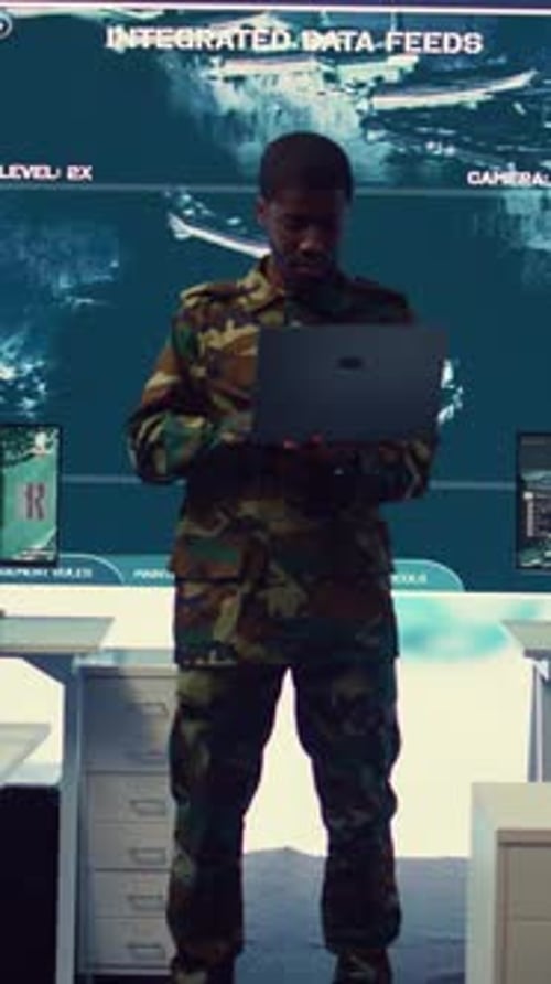 Adult with Laptop in Office, Camouflage Clothing