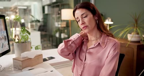 Frustrated woman, neck pain or injury with stress at office desk for strain, pressure or deadline