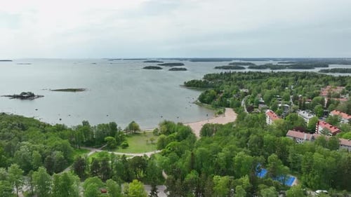 Aerial view around the Kasinonranta beach, summer in Lauttasaari, Finland