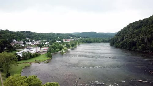 Fries Virginia aerial approaching the mill town high above the New River