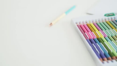 Bright Colored Pencils in Box on White Surface