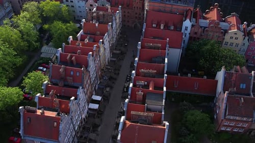 Mariacka Street Beautiful Panoramic Architecture of Old Town in Gdansk Poland at Sunrise Aerial View