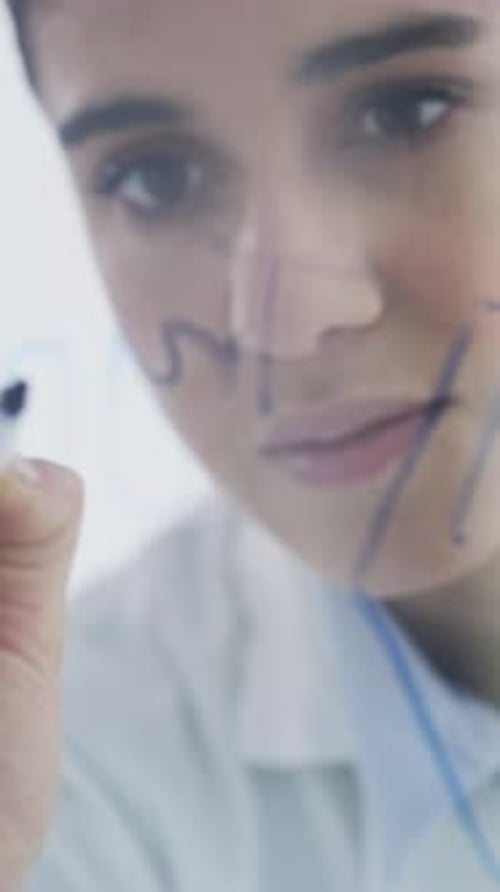 Woman, scientist or writing with glass board for planning, problem solving or solution in lab