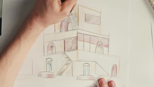 Young Man Artist is Drawing Buildings By Colour Pencil on White Paper Top View The Architect Making