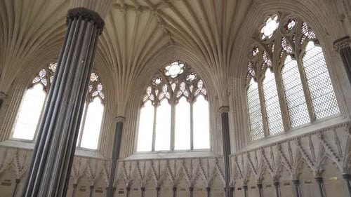 Wells Cathedral ceiling arches, camera rotating to the left showing the detailed ceiling arches, win