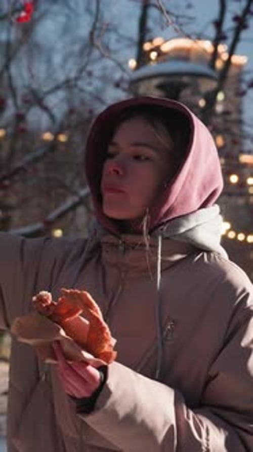 Young Girl Feeding Birds in Bird House in Snowy Winter Park