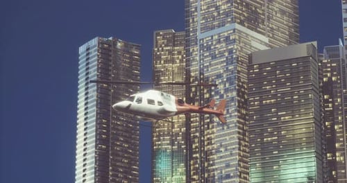 Helicopter Flying Over City Skyline at Night with Illuminated Buildings