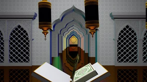 Open Quran on a wooden stand placed in the middle