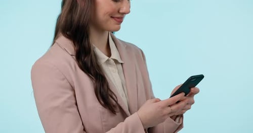 Phone, communication and businesswoman in studio typing text message on social media