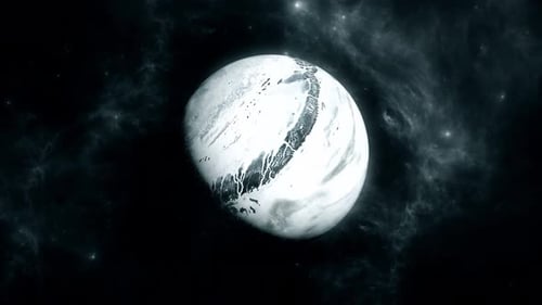 Rotating Icy Planet in Space with Stars and Nebula