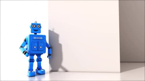 Blue Robot Pushing Blank Panels for Content Reveal