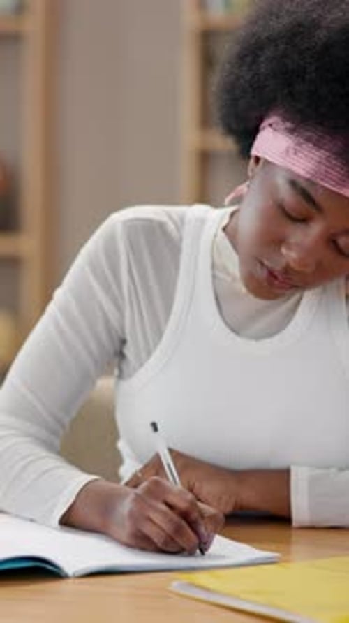 House, black woman and student writing, thinking and creativity with solution, ideas and planning