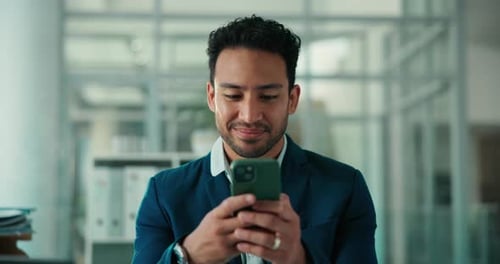 Laugh, text and man in office with phone, funny message or good news in business email