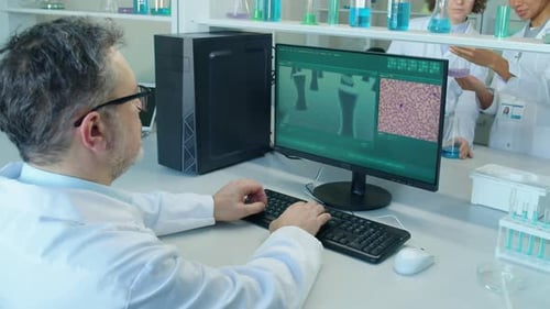 Scientist Typing at Computer Analyzing Microscopic Data