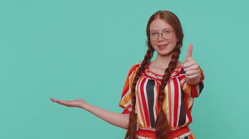 Girl Kid Pointing Empty Place Advertising Area for Commercial Text Copy Space for Goods Promotion