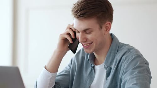 Quarantine Communication Friendly Sales Manager Talking on Phone Working at Home Office