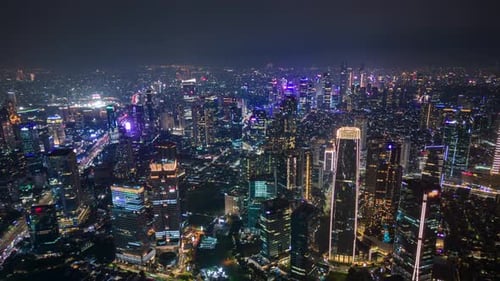 Aerial Timelapse of Downtown Jakarta at Night Indonesia