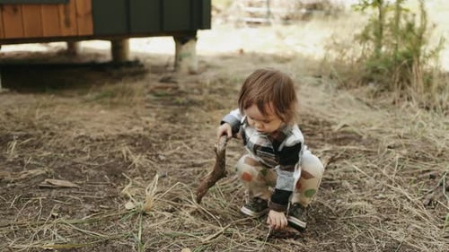 Little Child Playing with a Stick Next to Dog