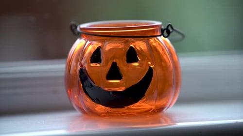Halloween Pumpkin Lantern on Windowsill, Seasonal Decoration