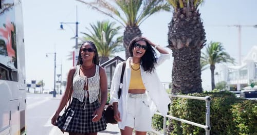 Bus, friends and women in city for travel, journey and commute for tourism on weekend