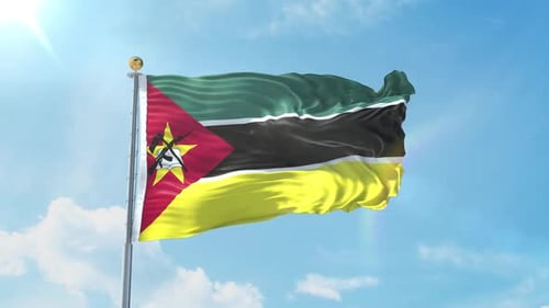 Realistic Mozambique Flag Waving in Wind with Blue Sky
