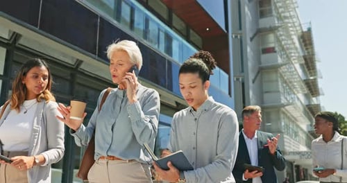 Internship, phone call and business people walking in city writing notes