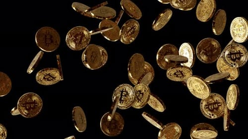 Bitcoin money rain. BTC Gold cryptocurrency falling down. Animation