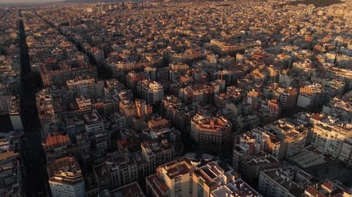 Flying Over Typical Buildings of Barcelona, Spain