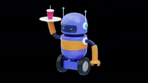Bunter Roboter hält Tablett in Bewegung auf Rädern