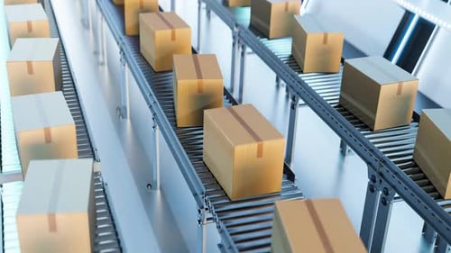Carton Boxes Moving on Conveyors at Futuristic Warehouse 3d Animation Loop